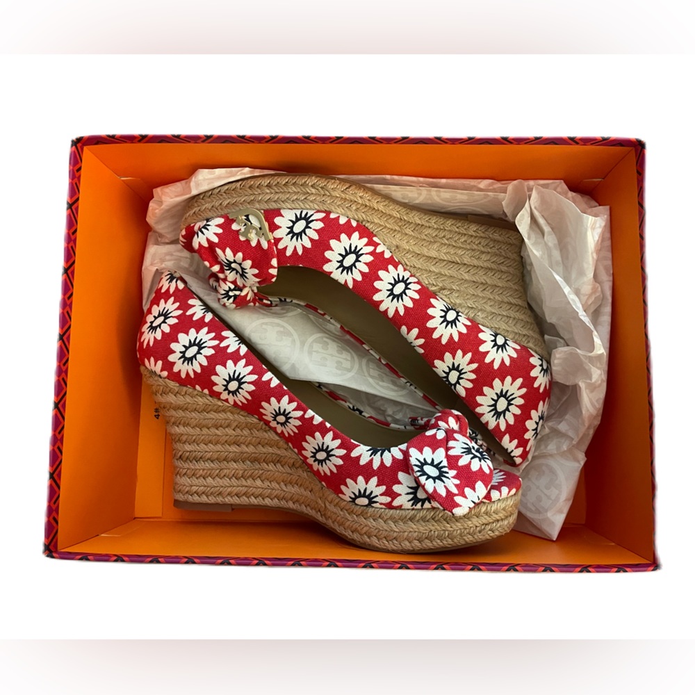 Tory Burch Dory Nantucket Red Navy Sea White Primrose Peep Toe Espadrille Wedges - Picture 5 of 15